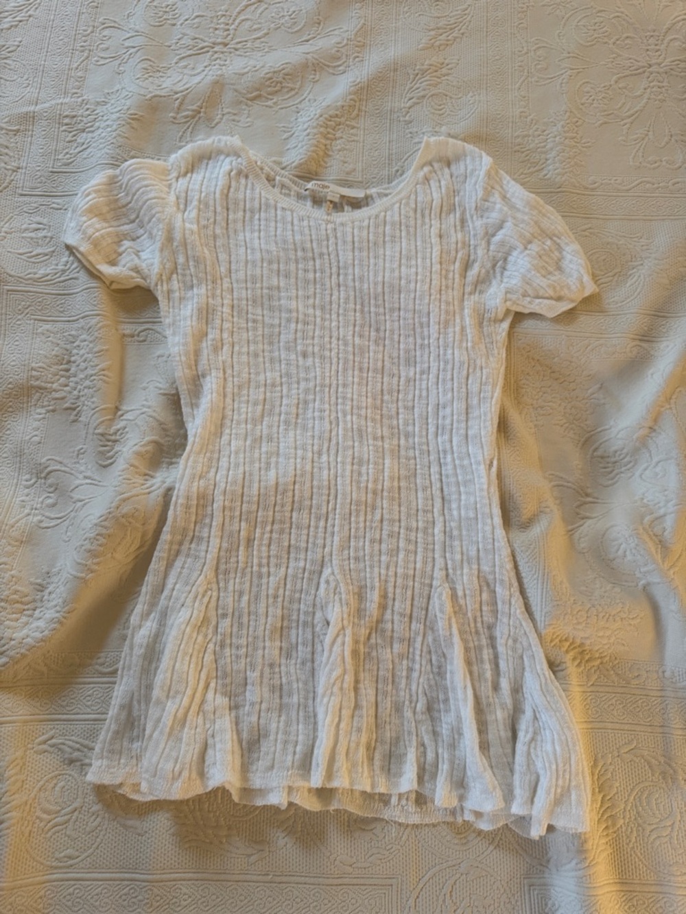Maje White Ribbed Short-Sleeve Tunic Top